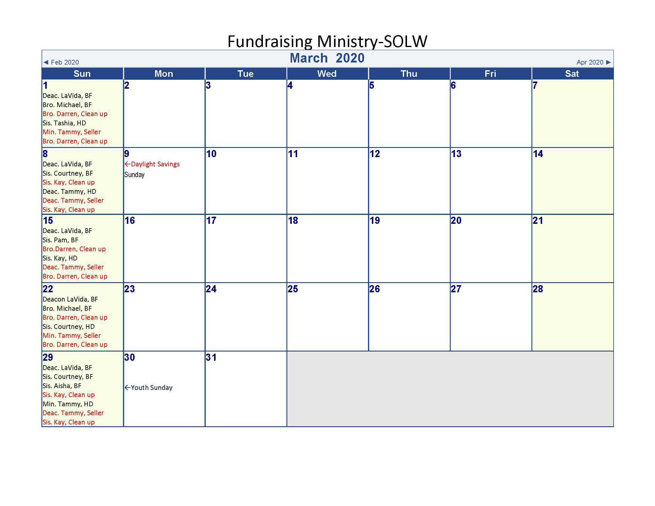 Fundraiser calendar