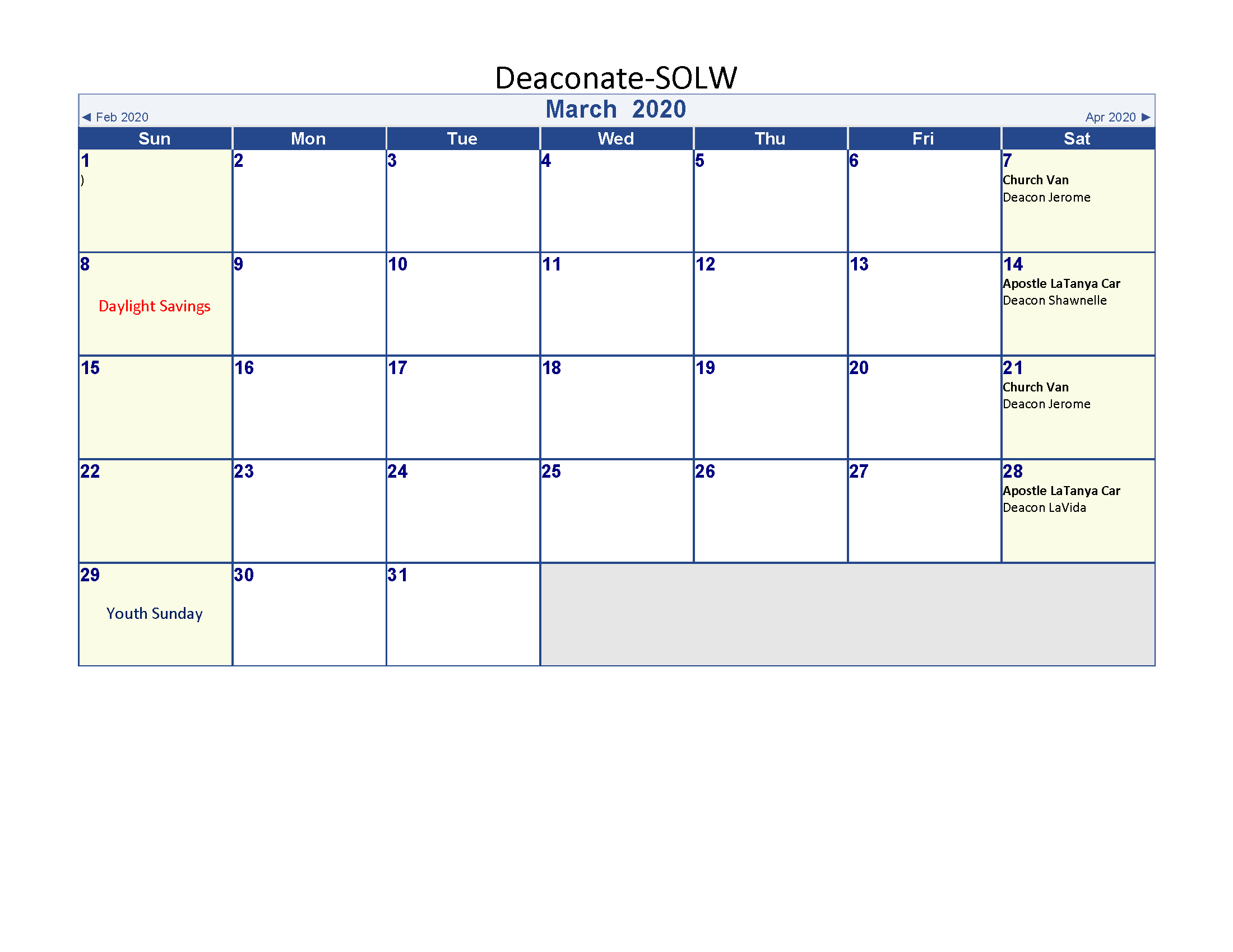Deacons calendar